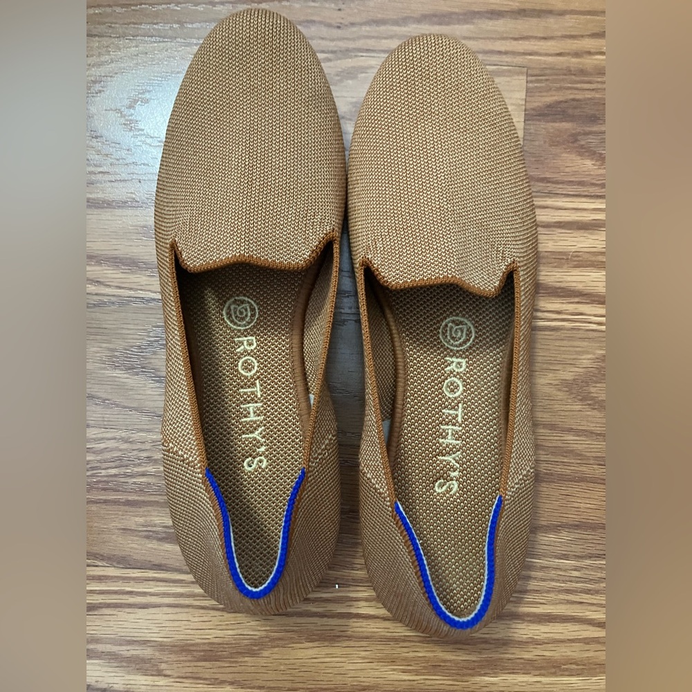 Rothy's Tan Slip-On Loafers with Blue Accent